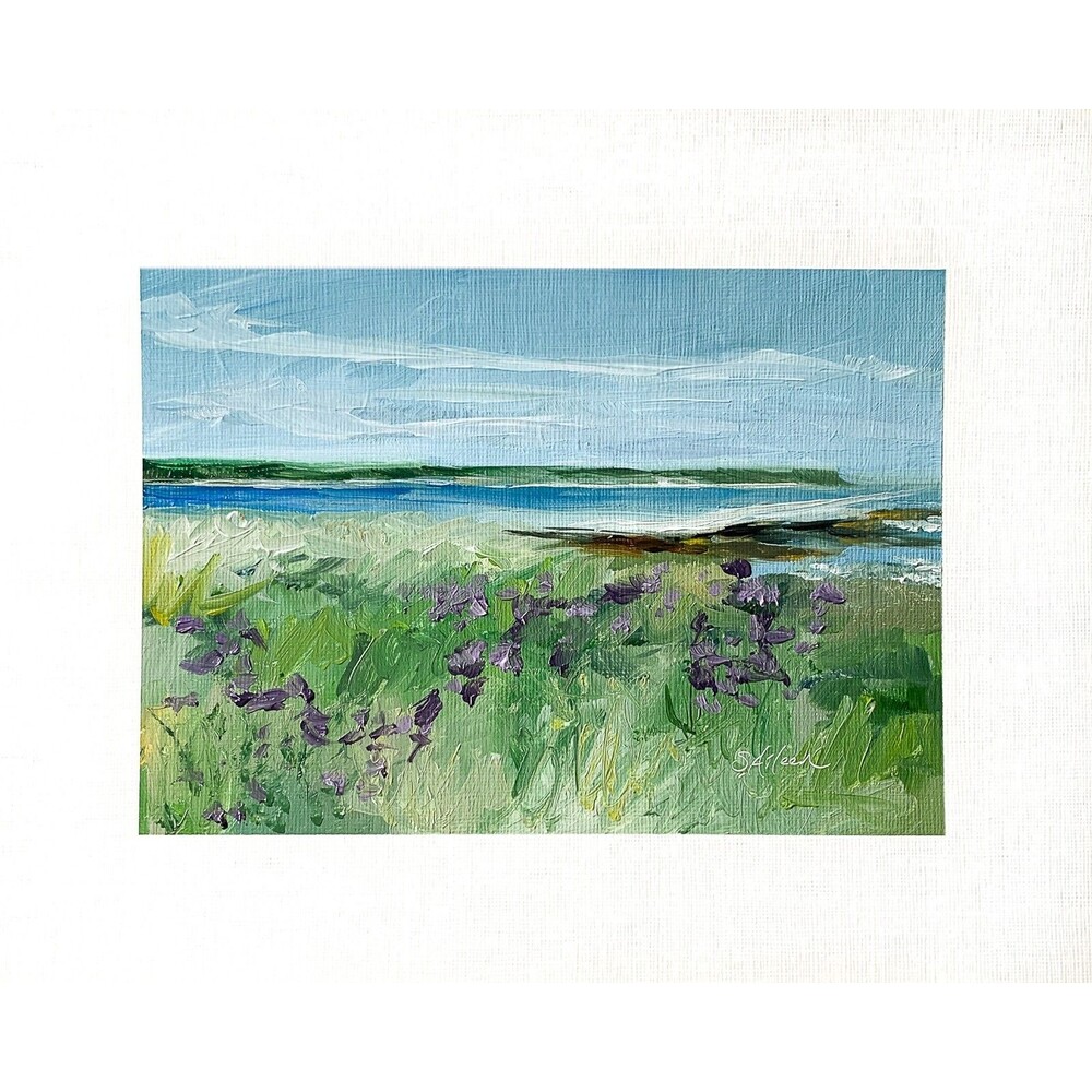 8x10 Maine Original Oil Painting Seascape Lupines Coastal New England Art Signed